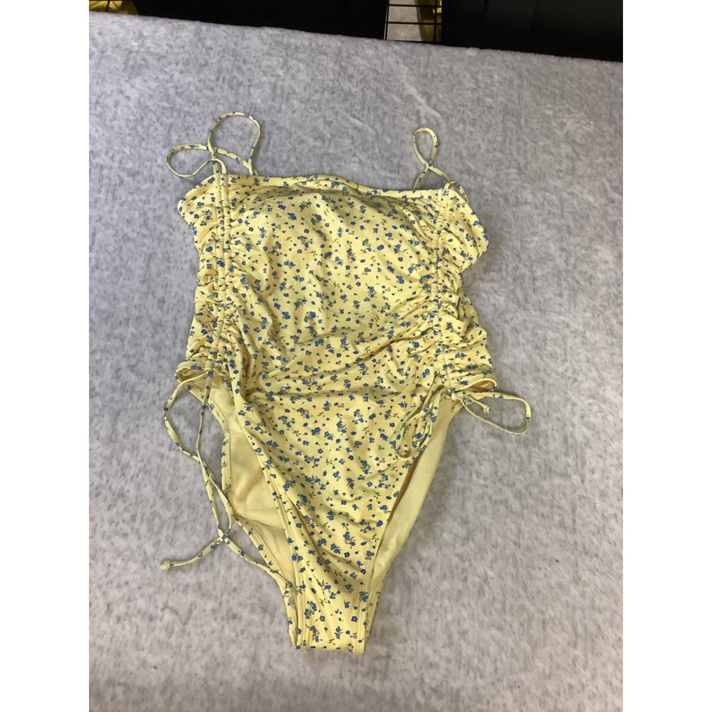 Wild Fable Yellow Floral Ruched One Piece Swimsuit XL NWT High Cut Square Neck